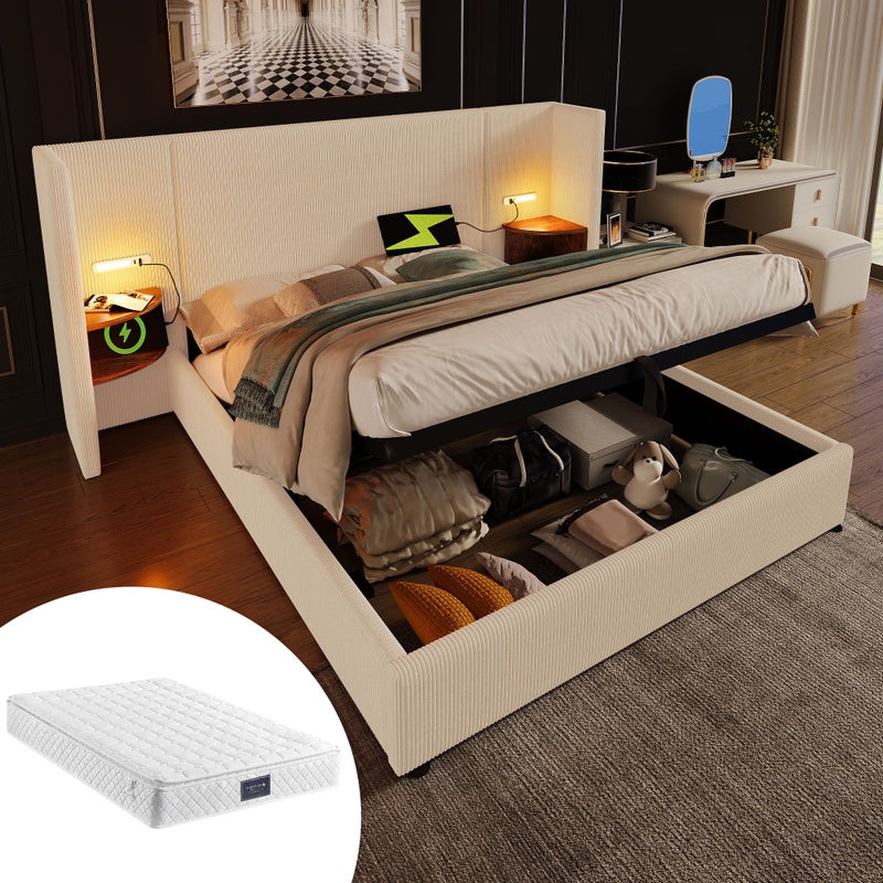 Bett 160x200 z nocy stołem, USB-C, latami z drewna, beżowo-białe, z materacem