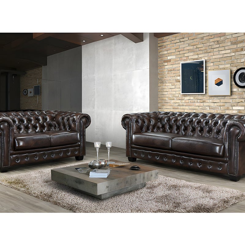 Komplet wypoczynkowy typu chesterfield 3+2 BRENTON 100% skóry bawolej - Kolor: brązowy z kasztanowymi refleksami