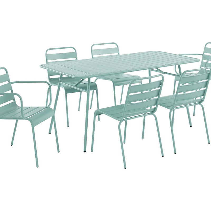 Zestaw ogrodowy z metalu - stół dł. 160 cm, 2 nakładane na siebie fotele i 4 nakładane na siebie krzesła - kolor szarozielony - MIRMANDE