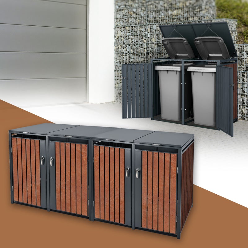 ML-Design pojemnik na śmieci 240L 264x80x116,3 cm stalowy antracytowy wyglad rdzy odporny na warunki atmosferyczne uchylna pokrywa do 4 tony