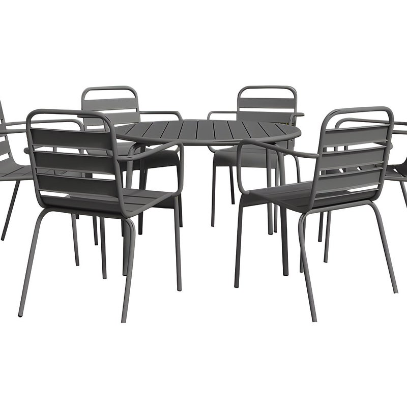 Zestaw mebli jadalnianych ogrodowych z metalu - okrągły stół o śr. 130 cm i 6 sztaplowanych foteli - antracytowy - MIRMANDE marki MYLIA