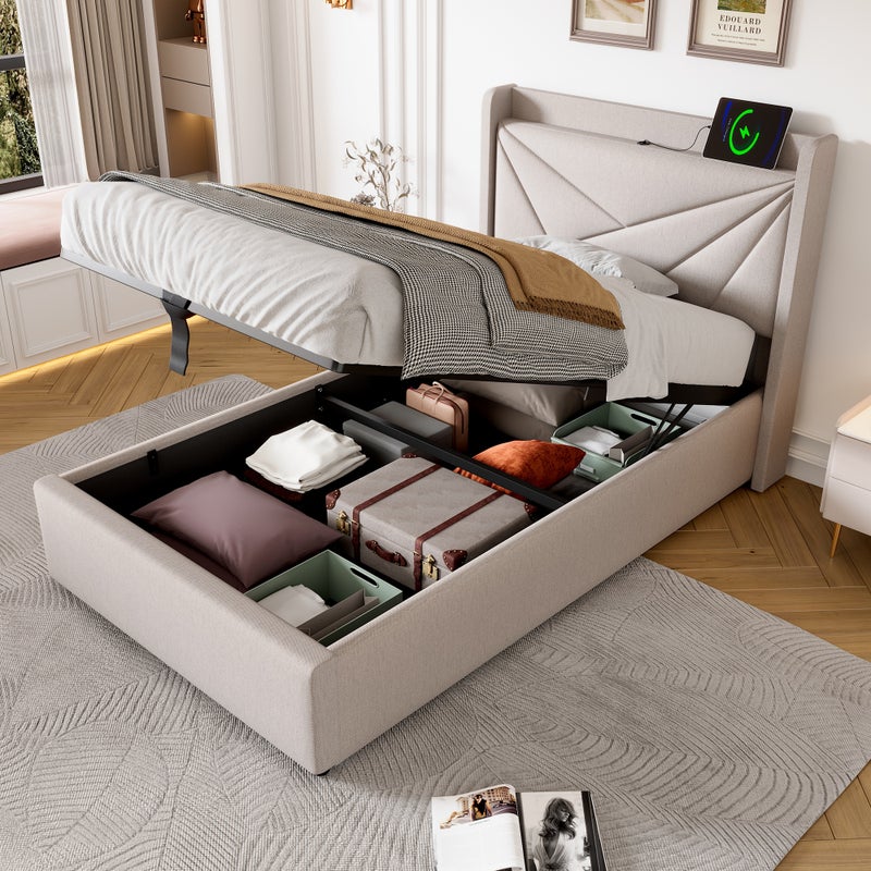 Łóżko 90x200cm z tkaniny lnianej - z portem USB i stelażem na listwy - Beżowe