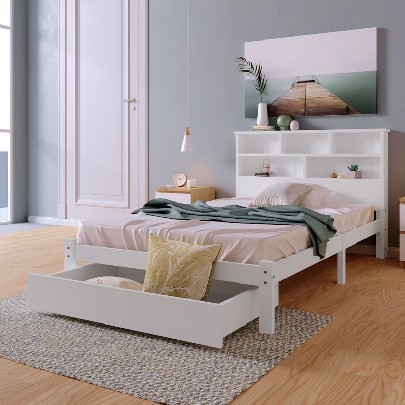 Łóżko dla dorosłych z zagłówkiem ze schowkiem + szufladą + stelażem - 90x200cm - lite drewno - białe