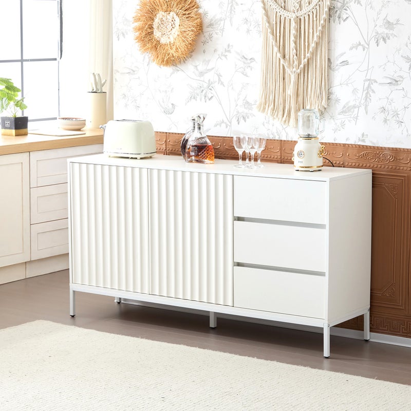 Komoda z 2 drzwiami i 3 szufladami - 150 x 40 x 79 cm - Płyta MDF - Regulowane półki - Wzór falisty - Biały
