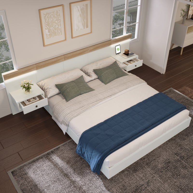 Łóżko dwuosobowe 180x200 cm z drewna z zawieszanymi szafkami nocnymi + LED i portami USB + stelaż na listwach - Białe