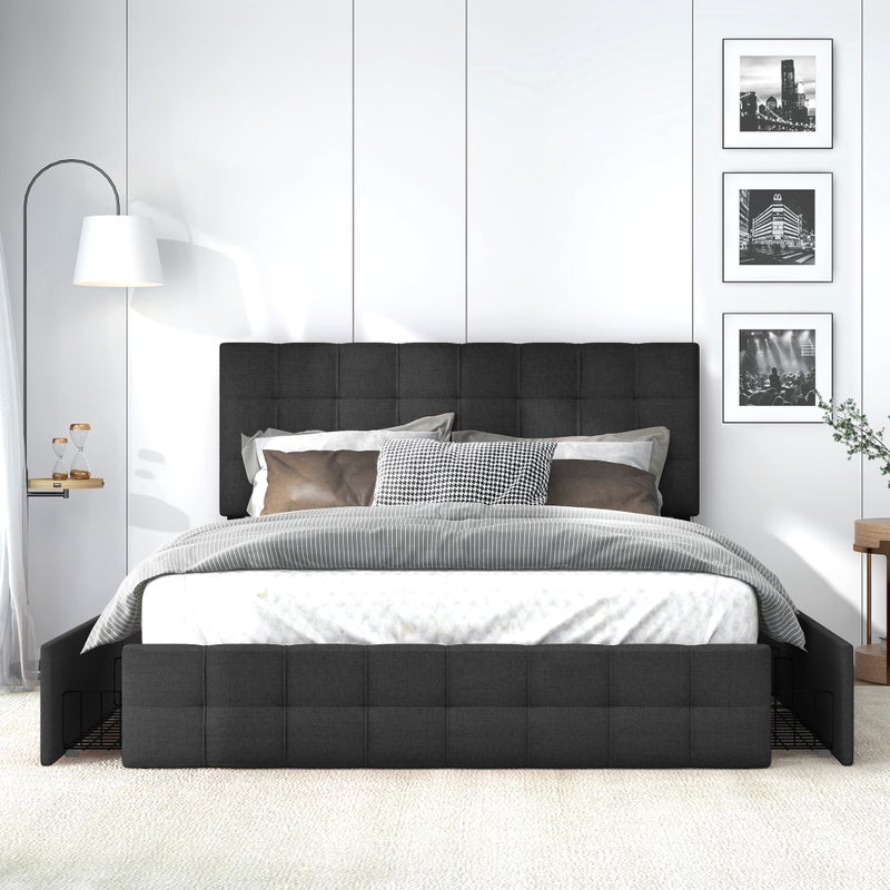 Łóżko tapicerowane lnem z 4 szufladami - regulowane wezgłowie + stelaż metalowy - 140x200cm - Czarne