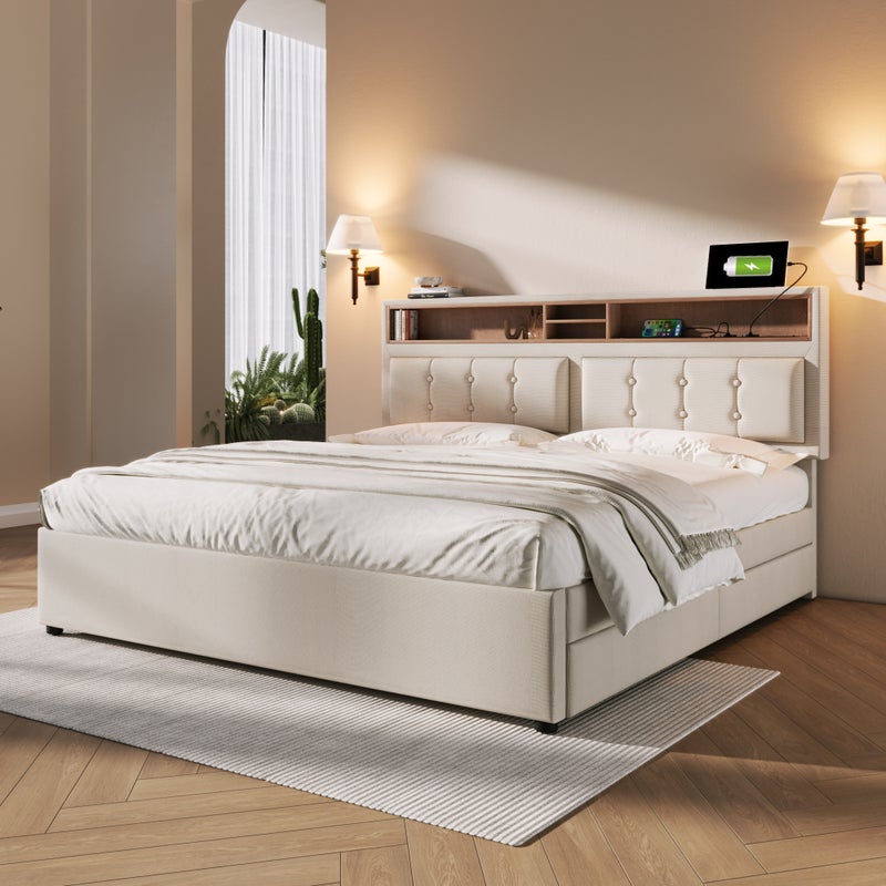 Tapicerowane łóżko dla dorosłych z 4 szufladami i portem ładowania USB - 140x200 cm - Tkanina lniana - Beż