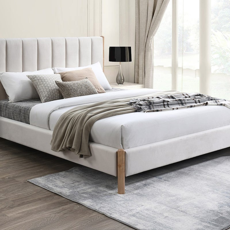 Łóżko 160 × 200 cm z zagłówkiem z pionowymi przeszyciami – Welurowe – Kość słoniowa + Materac – SIZAMA