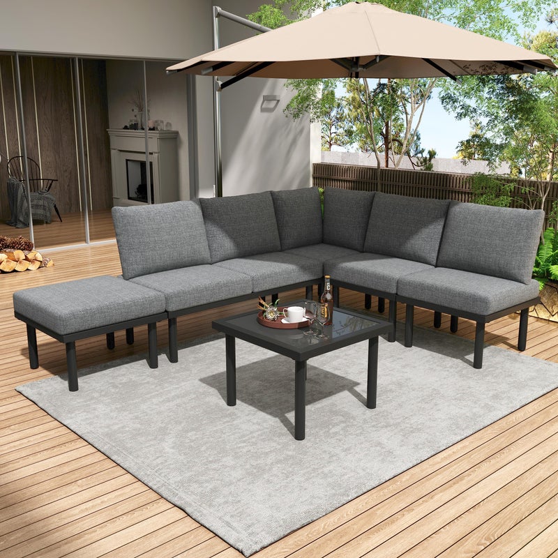 Zestaw mebli ogrodowych modułowych ze stali ocynkowanej - odpowiedni dla 6 osób - ozdobiony liną - Szary