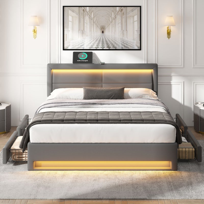 Łóżko podwójne 140x200 cm ze skóry ekologicznej z oświetleniem LED - 4 szuflady - z portami ładowania (przewodowego i bezprzewodowego) - Szare