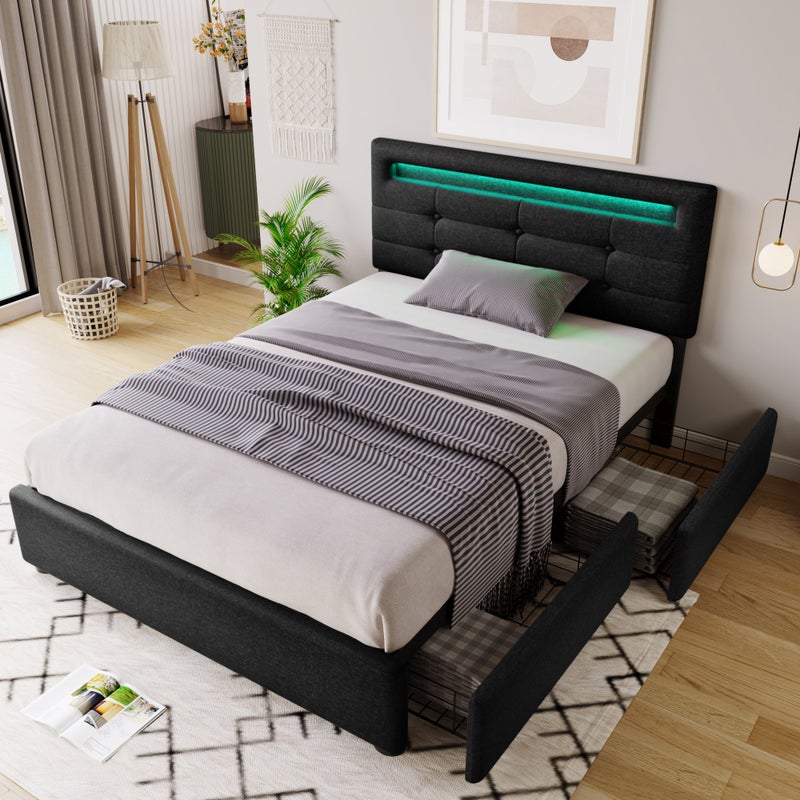 Łóżko 90x200cm w pościeli z LED + 2 szuflady + podstawa z listew - Szary