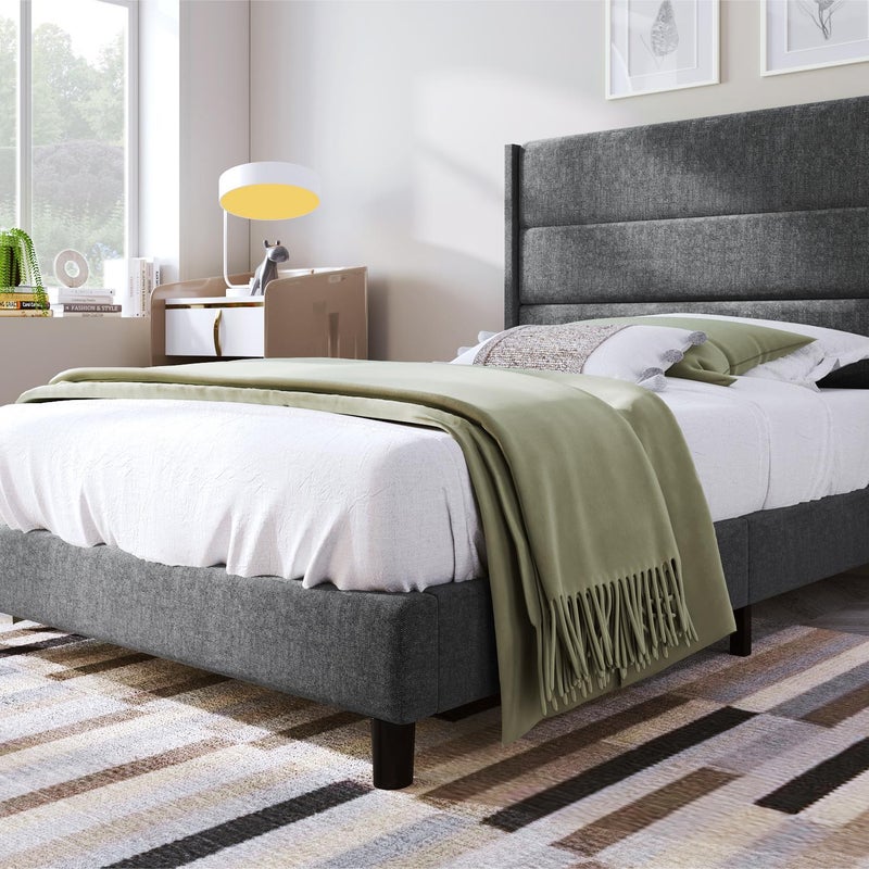 Lniane łóżko tapicerowane - 90x200cm - nowoczesny styl - Szary