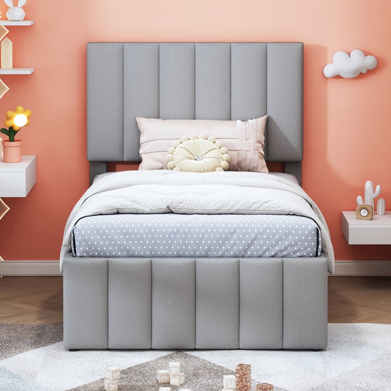 Łóżko tapicerowane w pościeli 90x200cm - z łóżkiem na kółkach i 3 szufladami - Szary