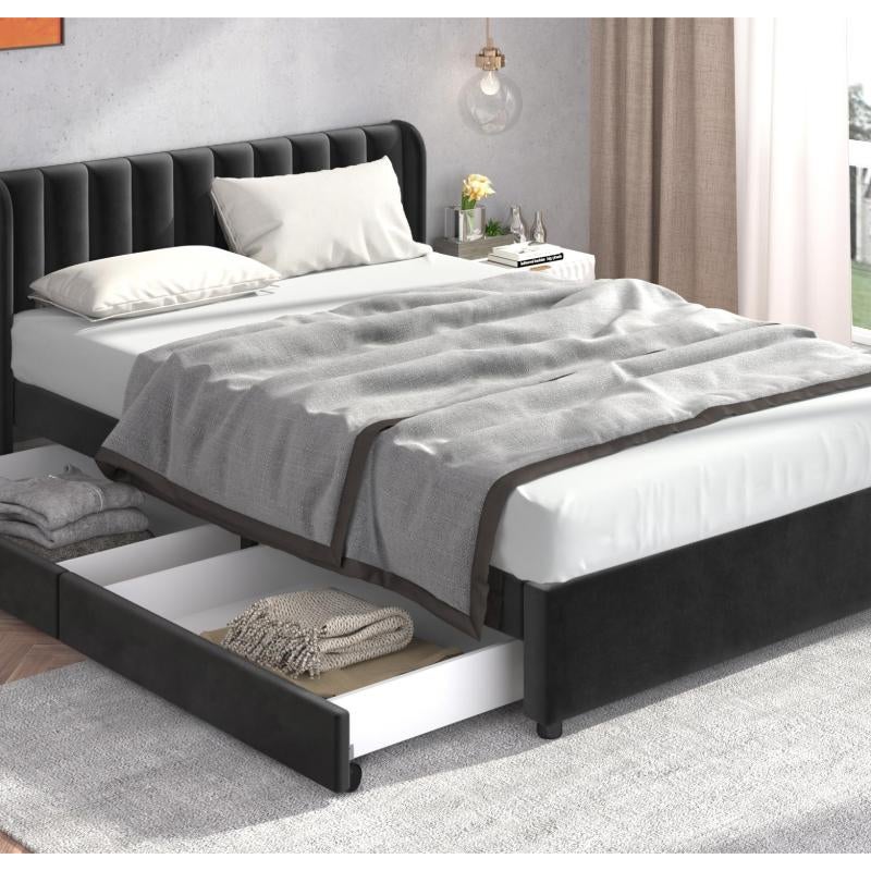 Łóżko 160x200cm z 2 szufladami - tapicerowane aksamitem - nowoczesny styl - Czarny