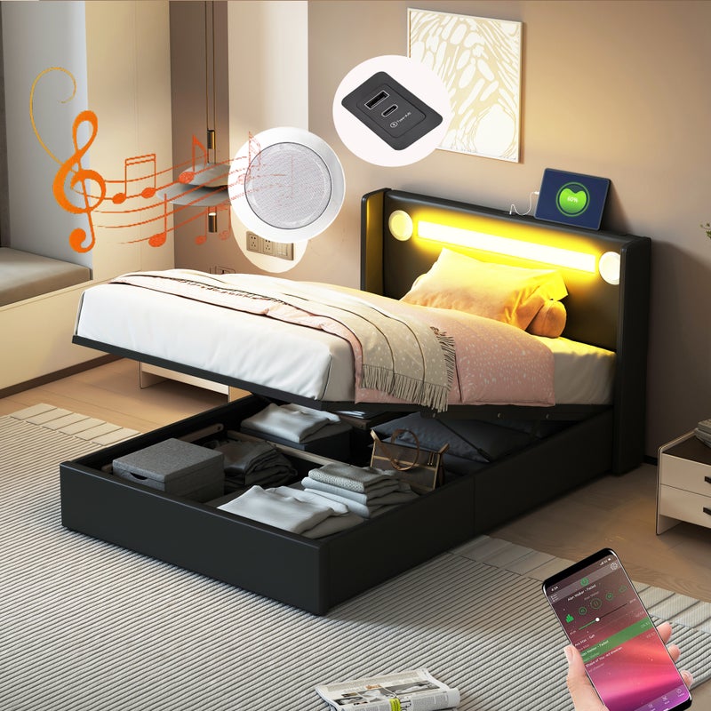 Łóżko tapicerowane 90x200 cm z imitacji skóry z diodami LED, odtwarzaczem Bluetooth i portami USB do ładowania - z podstawą z listew - Czarny