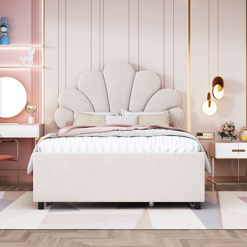 Pojedyncze łóżko tapicerowane aksamitem z 2 szufladami - 90x200cm - zagłówek w kształcie kwiatu - z listwową podstawą - Beżowy