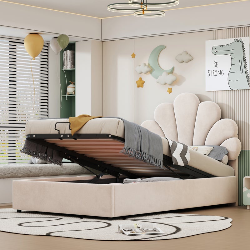 Łóżko skrzyniowe tapicerowane aksamitem - 90x200cm - zagłówek w kształcie kwiatu - z listwową podstawą - Beżowy