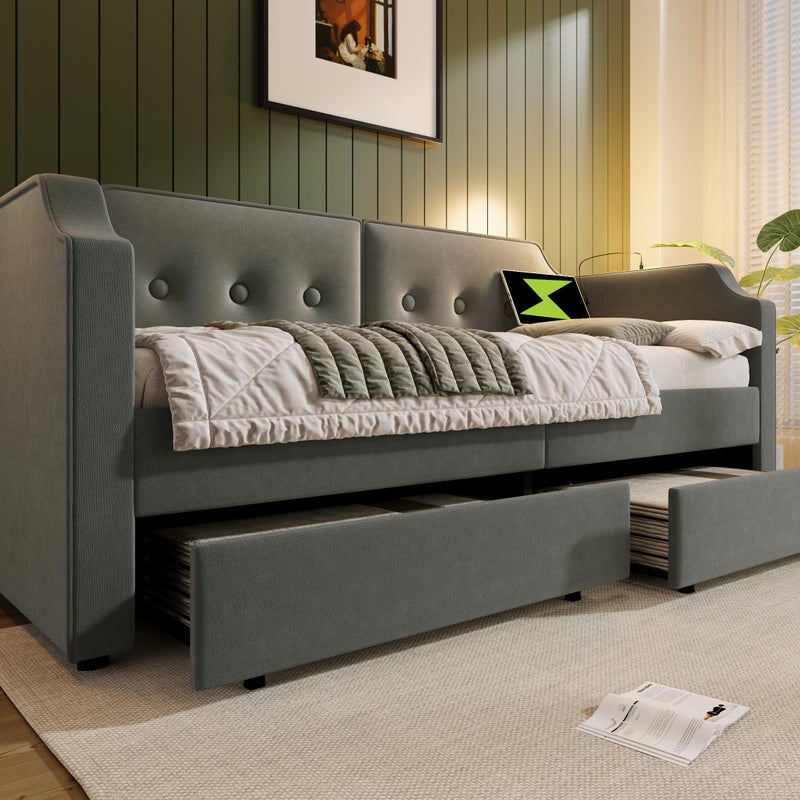 Pojedyncze łóżko 90x200cm z aksamitu - z funkcją ładowania i LED - z listwową podstawą - Szary