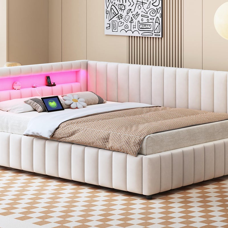 Łóżko tapicerowane aksamitem - 140x200 cm - z oświetleniem LED i wtyczką USB - beżowe (materac nie wchodzi w skład zestawu)
