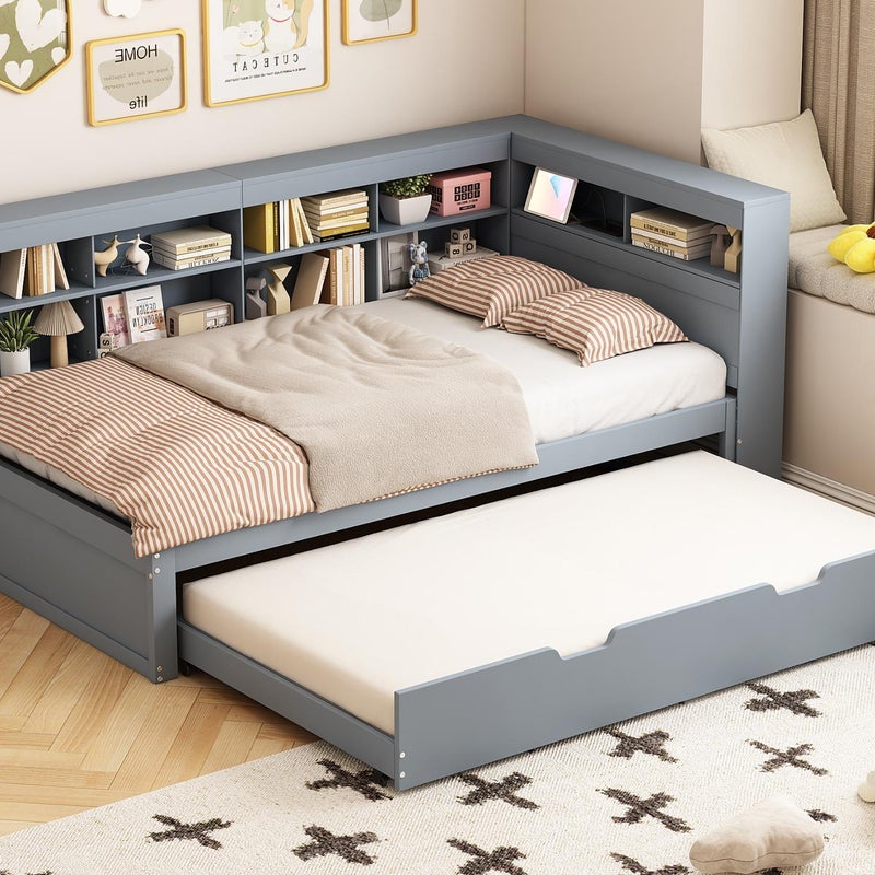 Drewniane łóżko pojedyncze 90x200cm - z łóżkiem wysuwanym 90x190cm i wtyczką USB - 10 komór - Szary