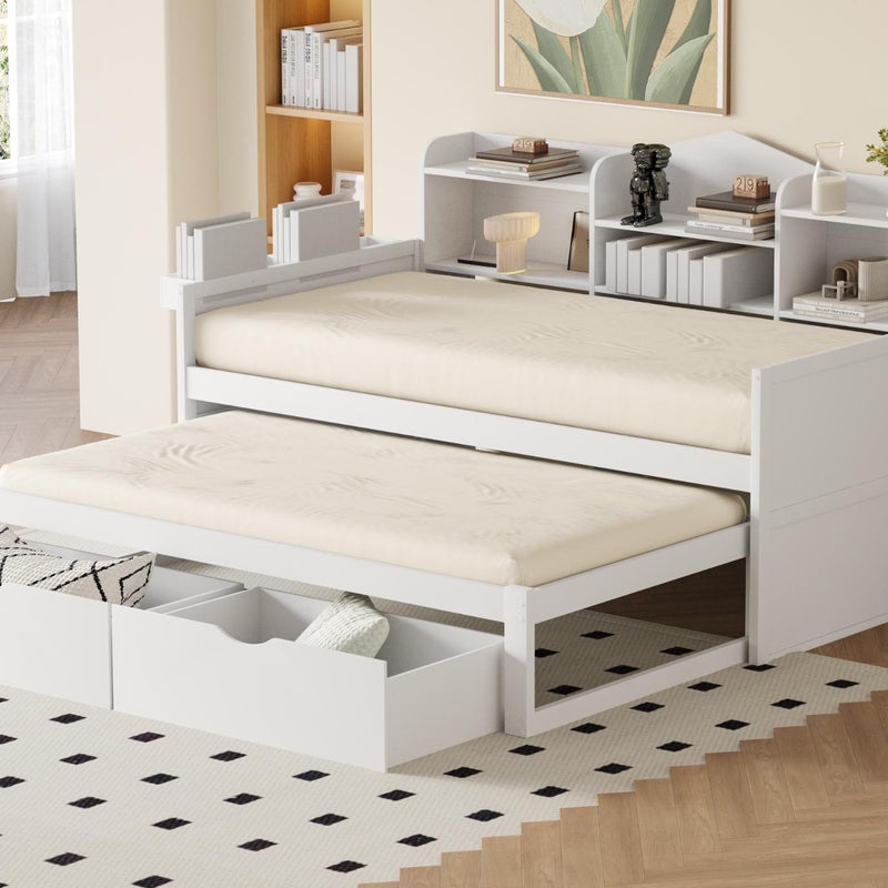 Drewniane łóżko pojedyncze 90x200cm - z łóżkiem wysuwanym 90x190cm i 2 szufladami - z wtyczką USB - Biały