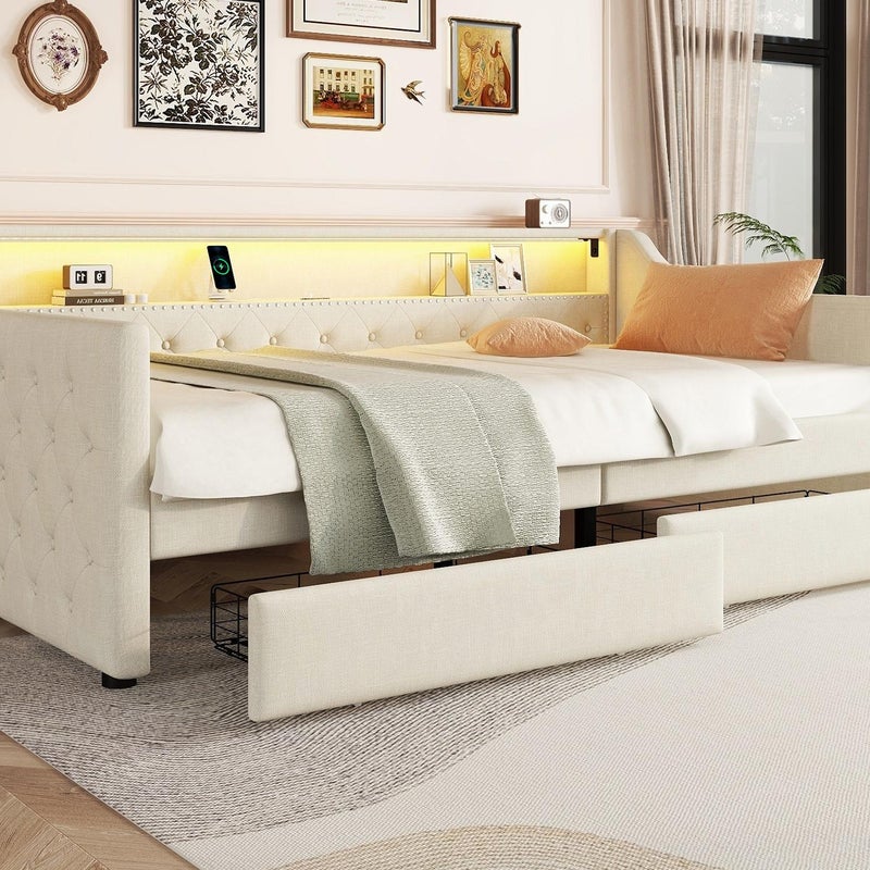 Pojedyncze łóżko w pościeli 90x200cm z LED - 2 szuflady i porty USB - z listwową podstawą - Beżowy