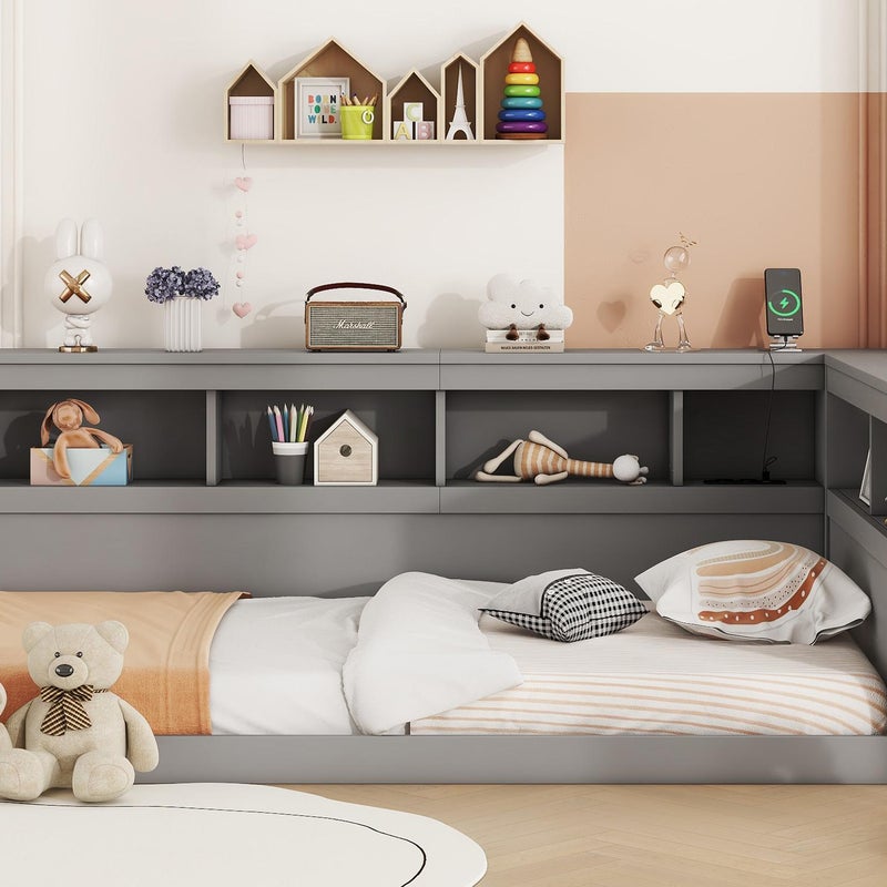 Łóżko pojedyncze 90x200 cm - z portami USB i schowkiem - Szare