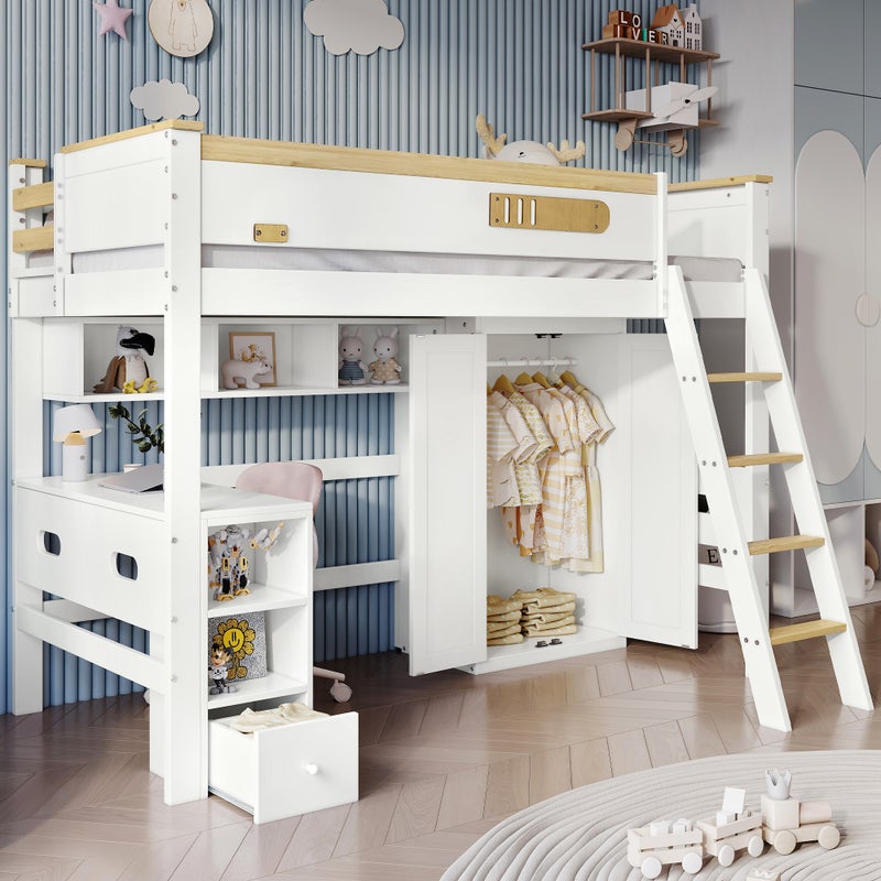 Drewniane łóżko loftowe - 90x200 cm - z półkami, biurkiem i szafą - Biały