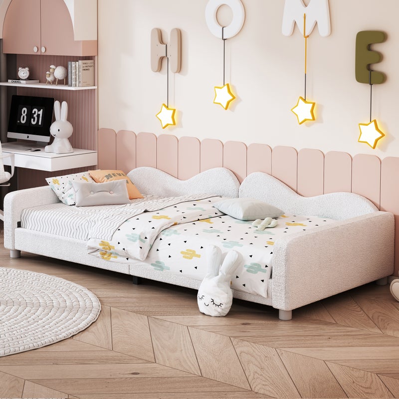 Pojedyncze łóżko 90x200cm w tkaninie bouclette - z listwową podstawą - Biały