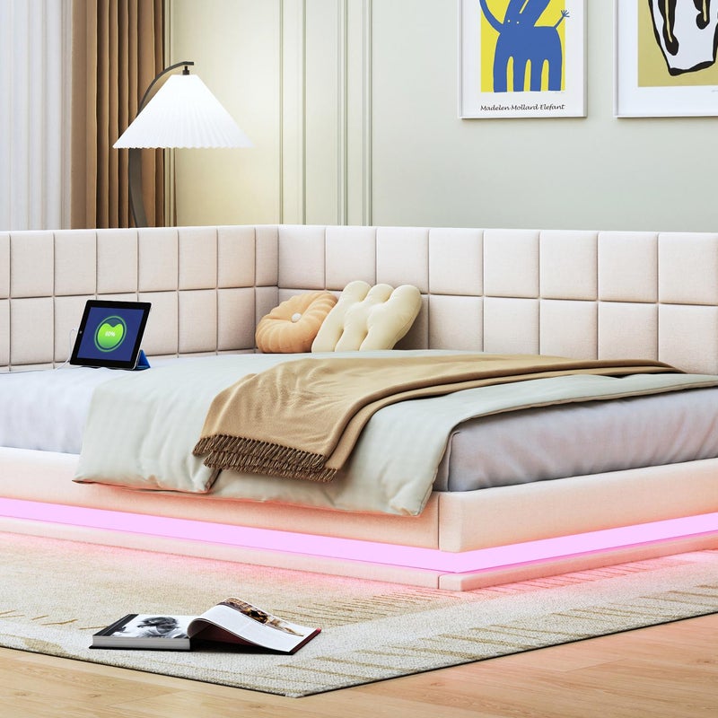 Tapicerowane aksamitne łóżko 140x200cm - z diodą LED i wtyczką USB - Beżowy
