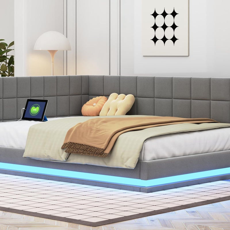Tapicerowane aksamitne łóżko 140x200cm - z diodą LED i wtyczką USB - Szare