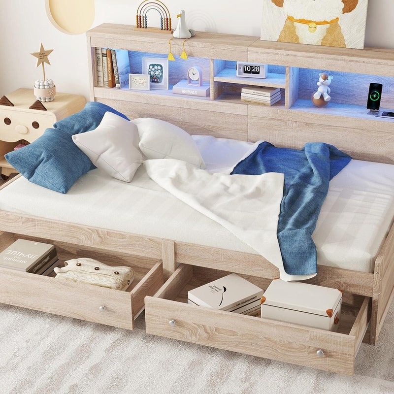 Łóżko pojedyncze 90x200cm - z wtyczką USB i 2 szufladami - podstawa z listew - Naturalne