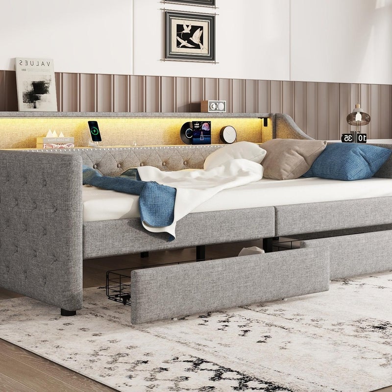 Pojedyncze łóżko w pościeli 90x200cm z LED - 2 szuflady i porty USB - z listwową podstawą - Szary
