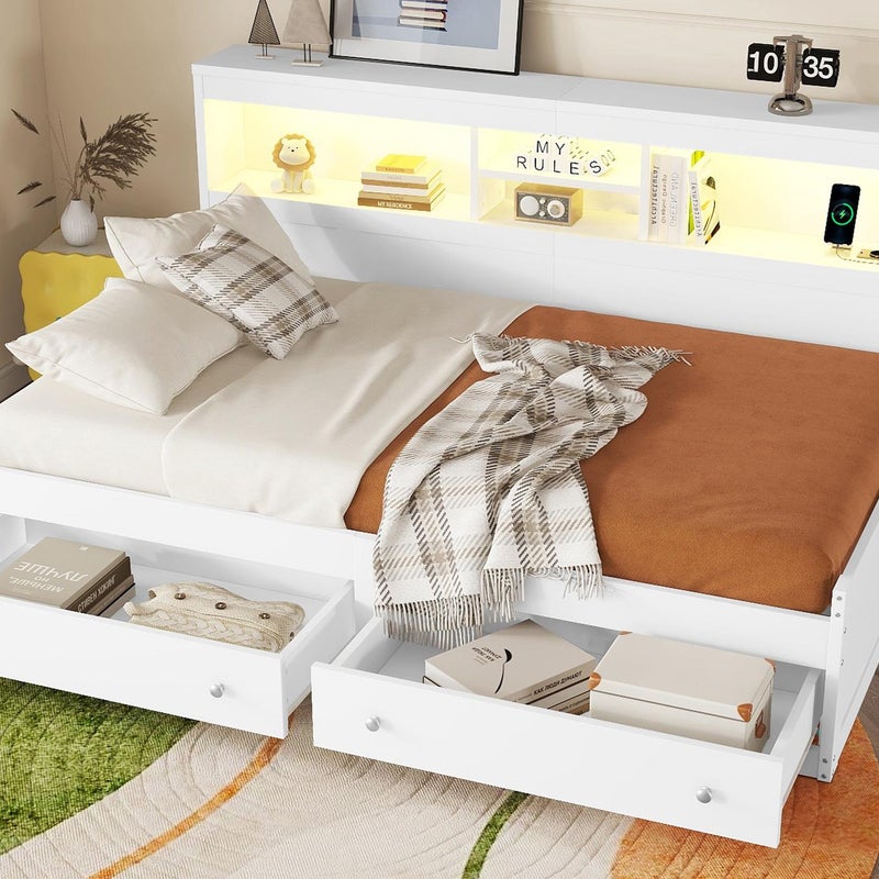 Łóżko pojedyncze 90x200cm - z wtyczką USB i 2 szufladami - podstawa listwowa - Biały