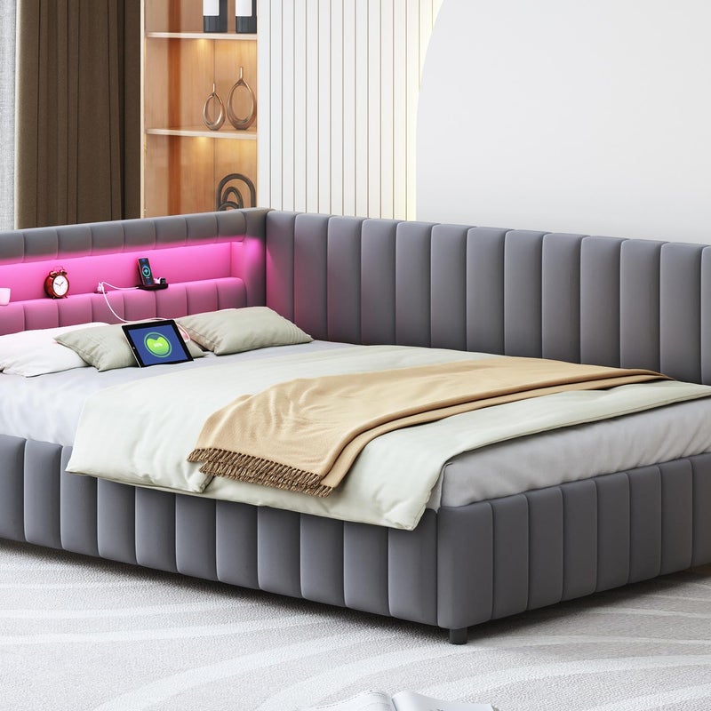 Łóżko tapicerowane aksamitem - 140x200 cm - z oświetleniem LED i wtyczką USB - Szare (materac nie wchodzi w skład zestawu)