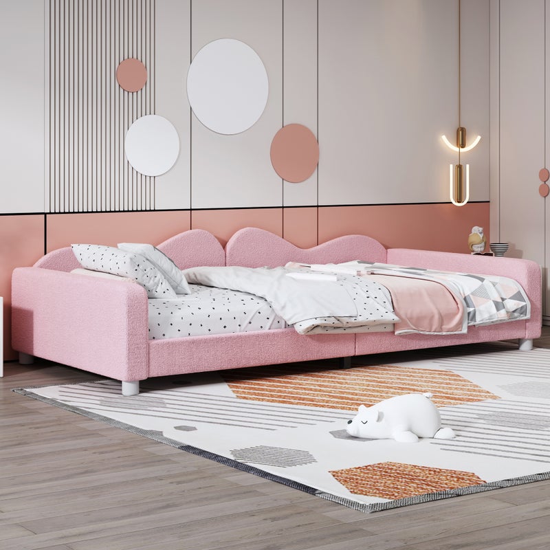 Pojedyncze łóżko 90x200cm w tkaninie bouclette - z listwową podstawą - Różowy