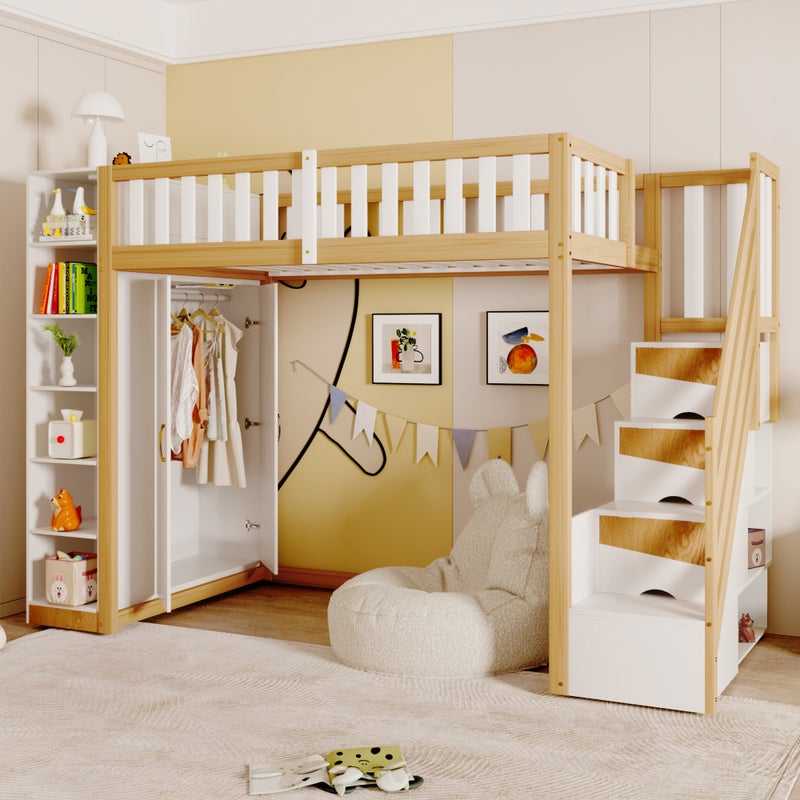 Drewniane łóżko loftowe 90x200cm - z szafą, półkami i schodami do przechowywania - Białe