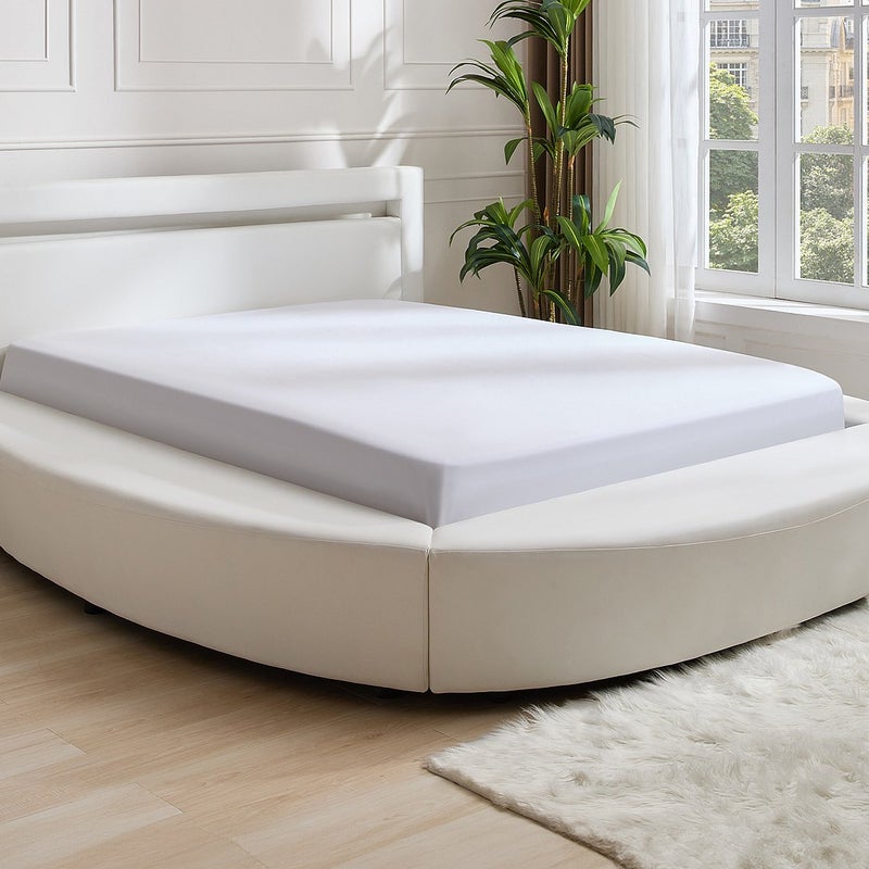 Łóżko okrągłe 160 × 200 cm- Materiał skóropodobny biały z diodami LED
