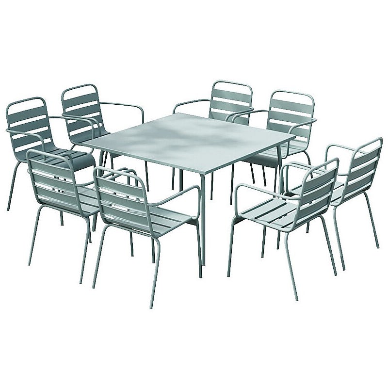 Zestaw mebli jadalnianych ogrodowych z metalu - stół o dł. 120 cm i 8 sztaplowanych foteli - Migdałowa zieleń - MIRMANDE marki MYLIA
