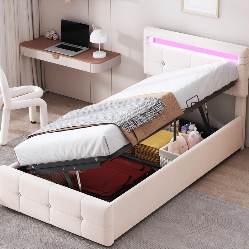 Łóżko skrzyniowe 90x200cm tapicerowane aksamitem - z diodami LED i podstawą z listew - Beżowy