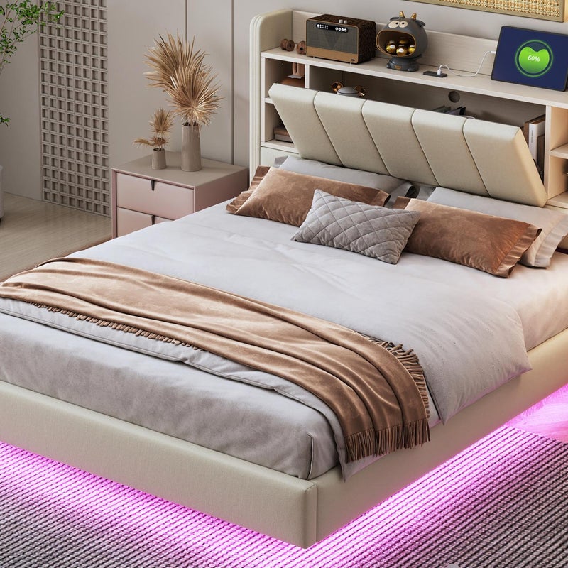 Lniane łóżko tapicerowane 140x200 cm - z wtyczką USB + LED - z metalową podstawą - Beżowy