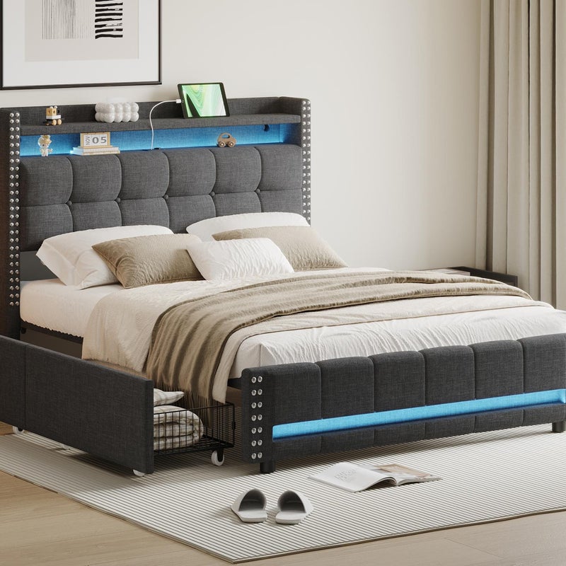 Łóżko dla dorosłych z szufladami 140x200cm w pościeli - z wtyczką LED i USB - z listwową podstawą - Szare