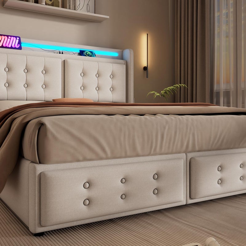 Lniane łóżko skrzyniowe 160x200cm - z diodami LED i portami ładowania - beżowe