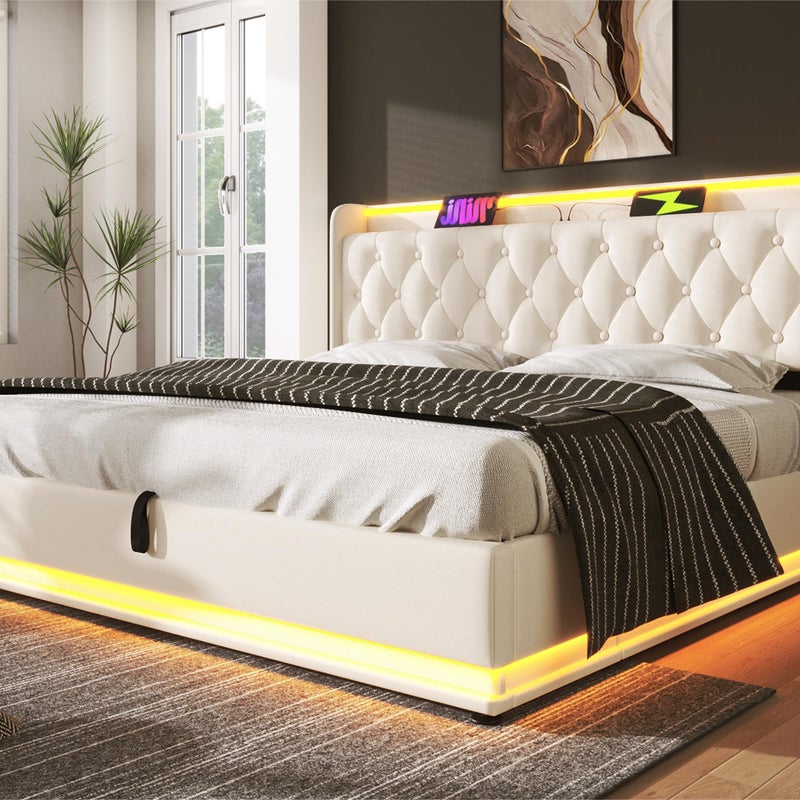 Łóżko skrzyniowe 160x200cm ze sztucznej skóry - z diodami LED i gniazdami USB i Type-C - Białe