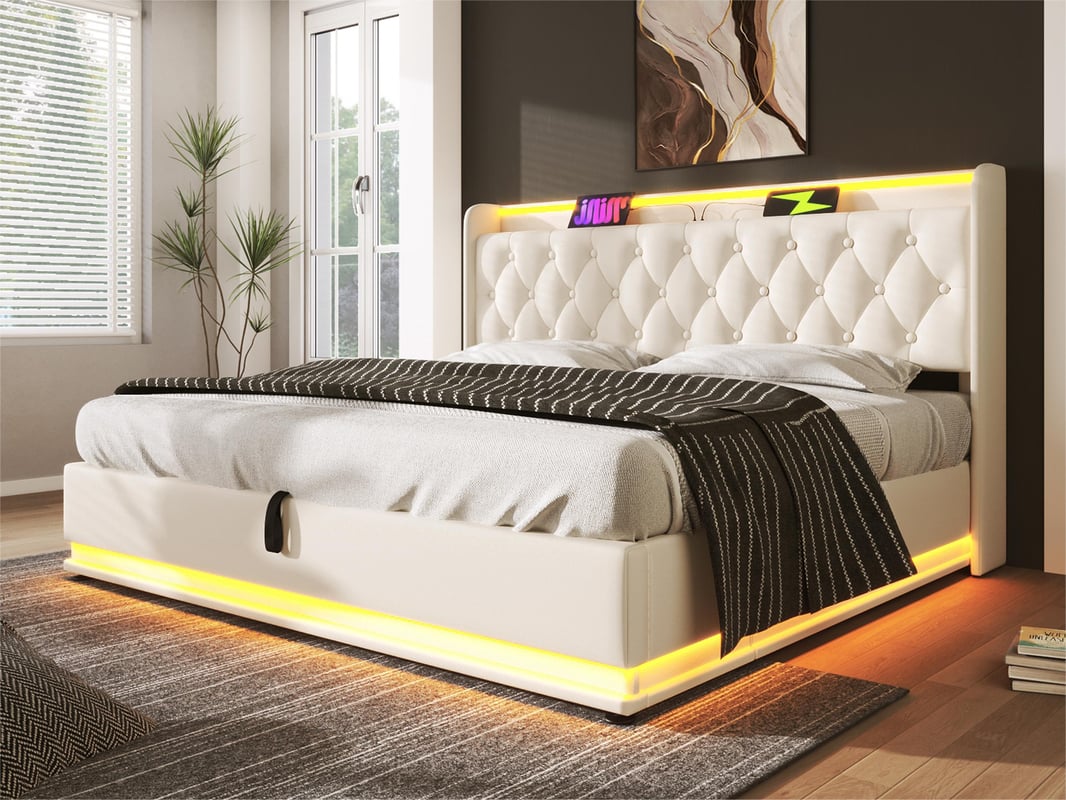 Łóżko skrzyniowe ze sztucznej skóry 180x200 cm - z diodami LED oraz gniazdami USB i Type-C - białe