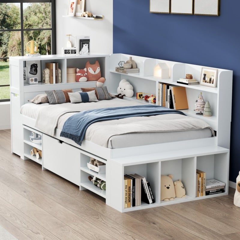 Łóżko MDF 90x200cm - z wielofunkcyjnym schowkiem i małą wyjmowaną półką - ze stelażem listwowym - białe