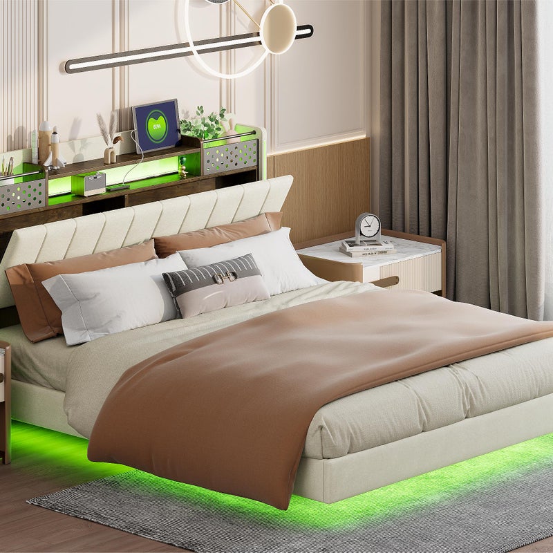 Łóżko 160x200cm z tkaniny lnianej - z wtyczką USB i podstawą z listew - Beżowy