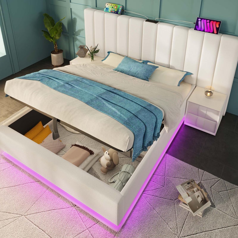 Łóżko tapicerowane z imitacji skóry 180x200 cm - z oświetleniem LED i obciążeniem - z podstawą z listew - Biały