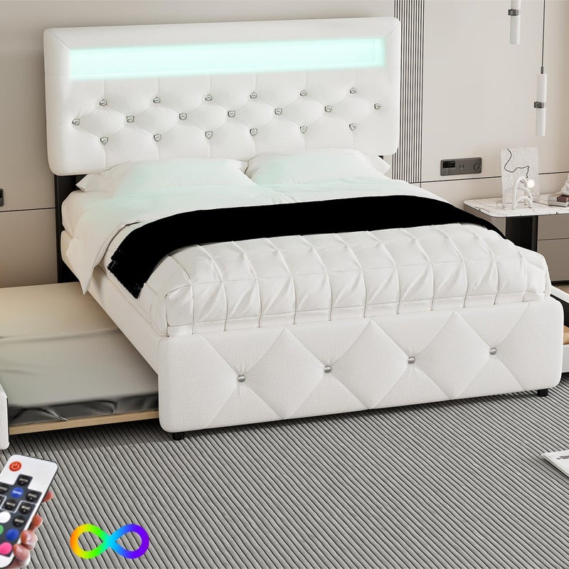 Łóżko tapicerowane 140x200cm z LED - z pojemnikiem na pościel i 2 szufladami - tkanina lniana - Biały