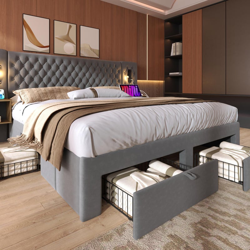 Aksamitne łóżko dla dorosłych 180x200 cm - z 2 szafkami nocnymi i 4 szufladami - 2 lampki do czytania z wtyczką USB - Szare